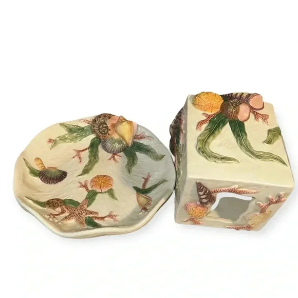 Vintage Coastal Ceramic Seaweed & Coral Design Set Seashell Dish & Tissue Holder - Picture 11 of 17